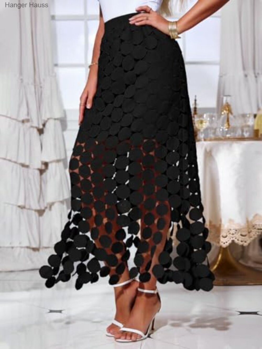 Hollow Out Maxi Skirt High Waisted Boho Fringe Hem Long - Picture 2 of 7